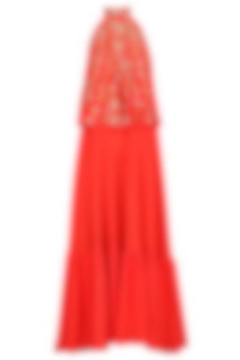 Carrot red embroidered anarkali with churidar and dupatta available only at Pernia's Pop Up Shop.