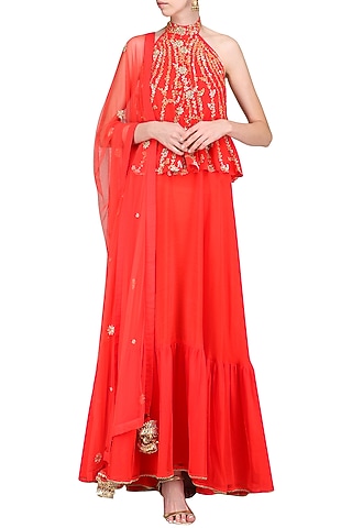 Carrot Red Embroidered Anarkali with Churidar and Dupatta by Nikasha