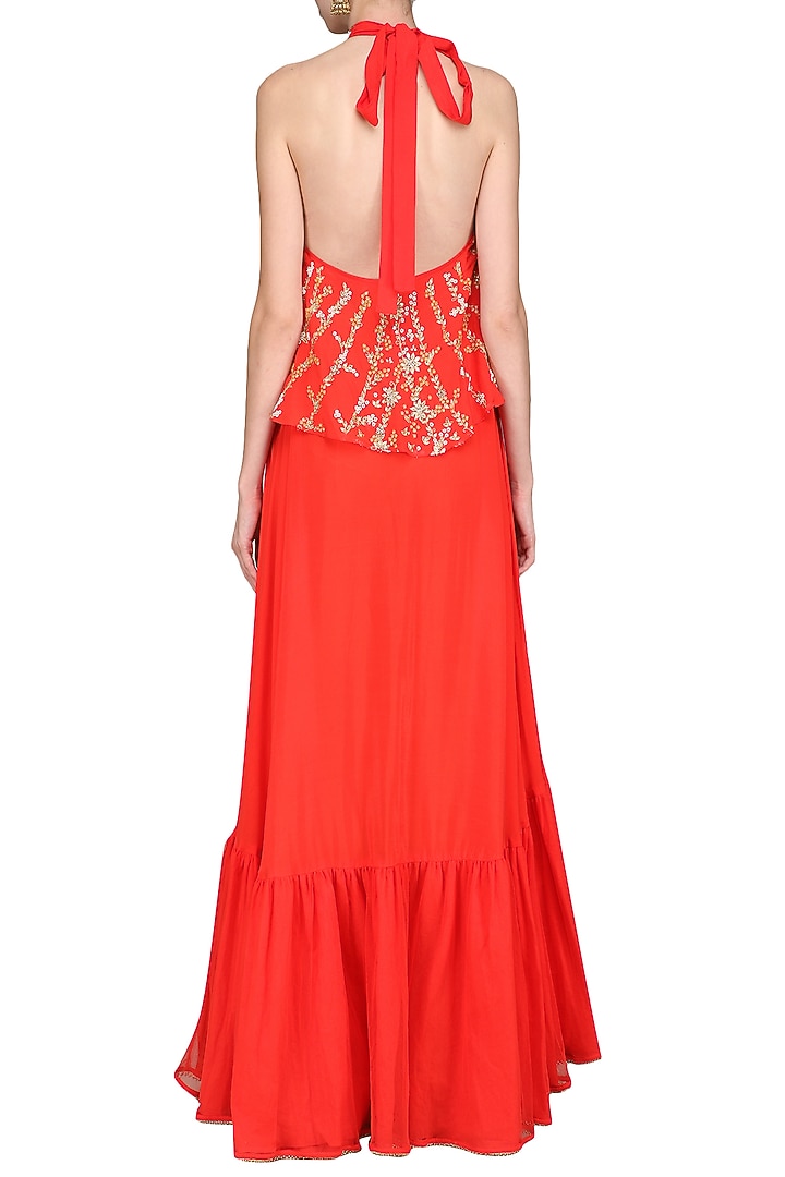 Carrot red embroidered anarkali with churidar and dupatta available only at Pernia's Pop Up Shop.
