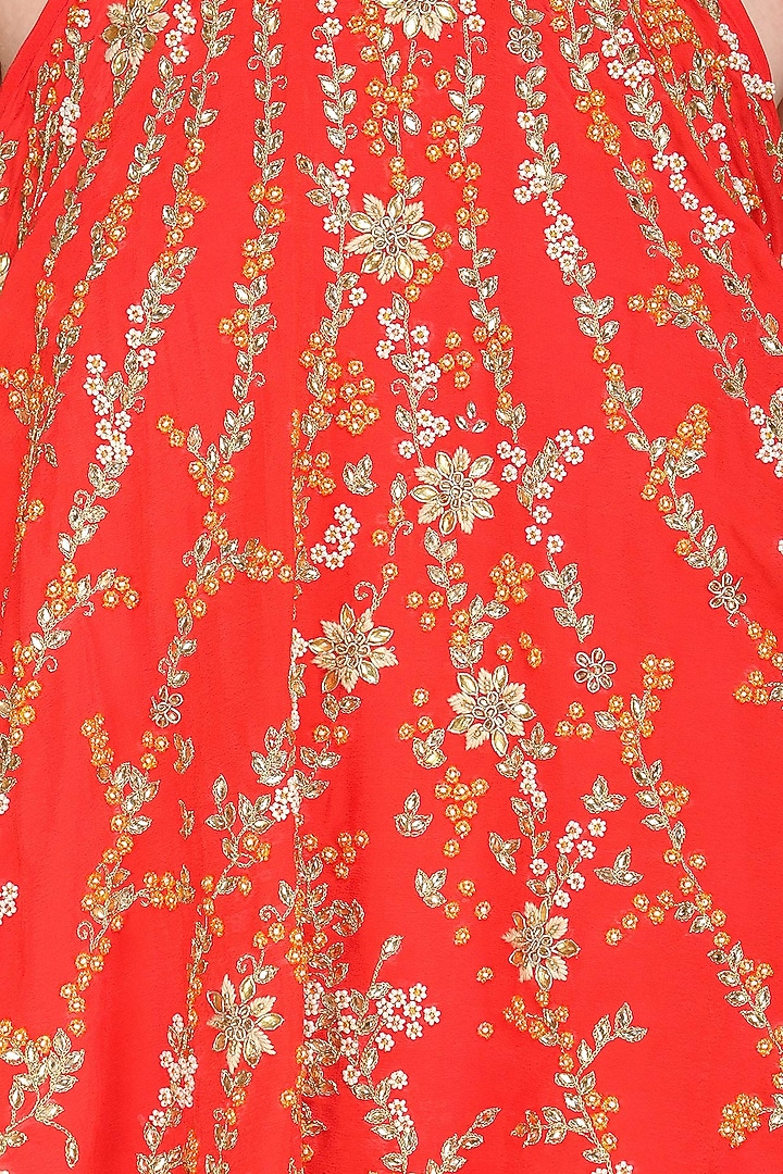 Carrot red embroidered anarkali with churidar and dupatta available only at Pernia's Pop Up Shop.