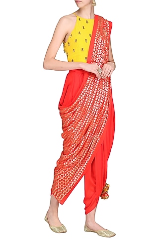 Yellow Embroidered Crop Top with Cowl Dhoti Pants by Nikasha