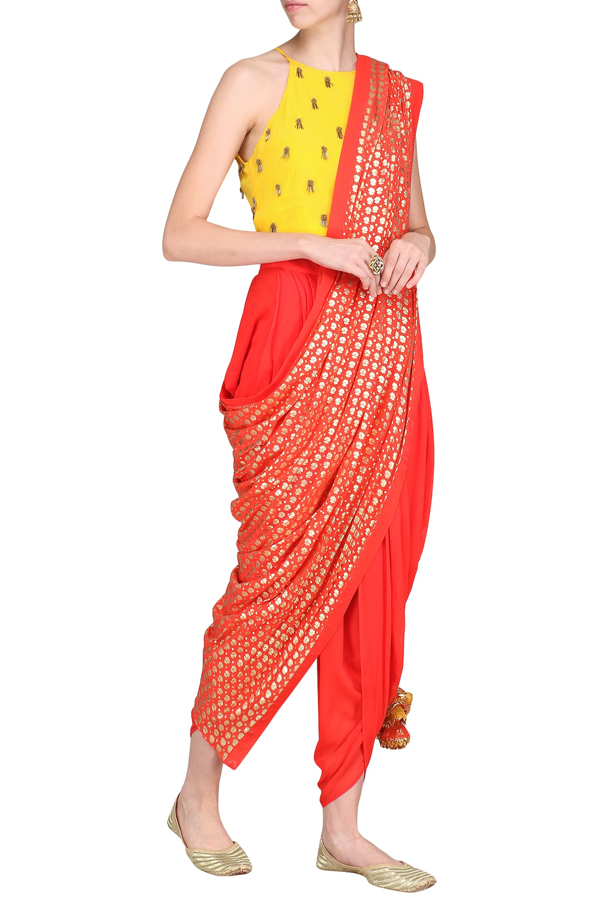 Yellow embroidered crop top with cowl dhoti pants available only at  Pernia's Pop Up