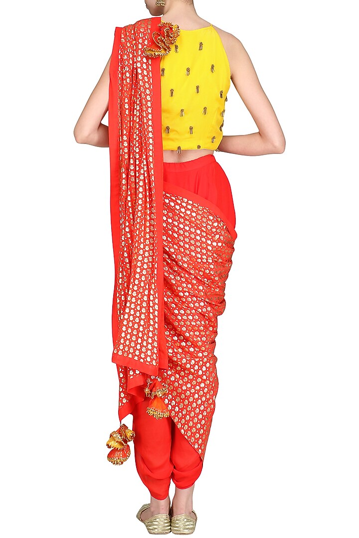 Yellow embroidered crop top with cowl dhoti pants available only at Pernia's Pop Up Shop.