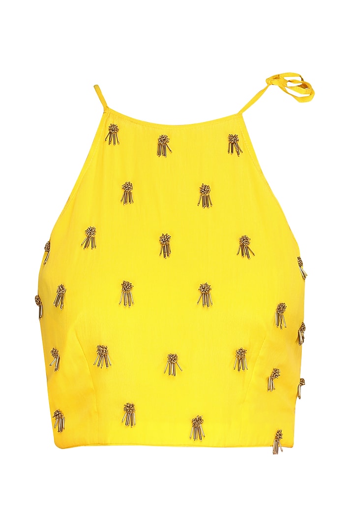 Yellow embroidered crop top with cowl dhoti pants available only at Pernia's Pop Up Shop.