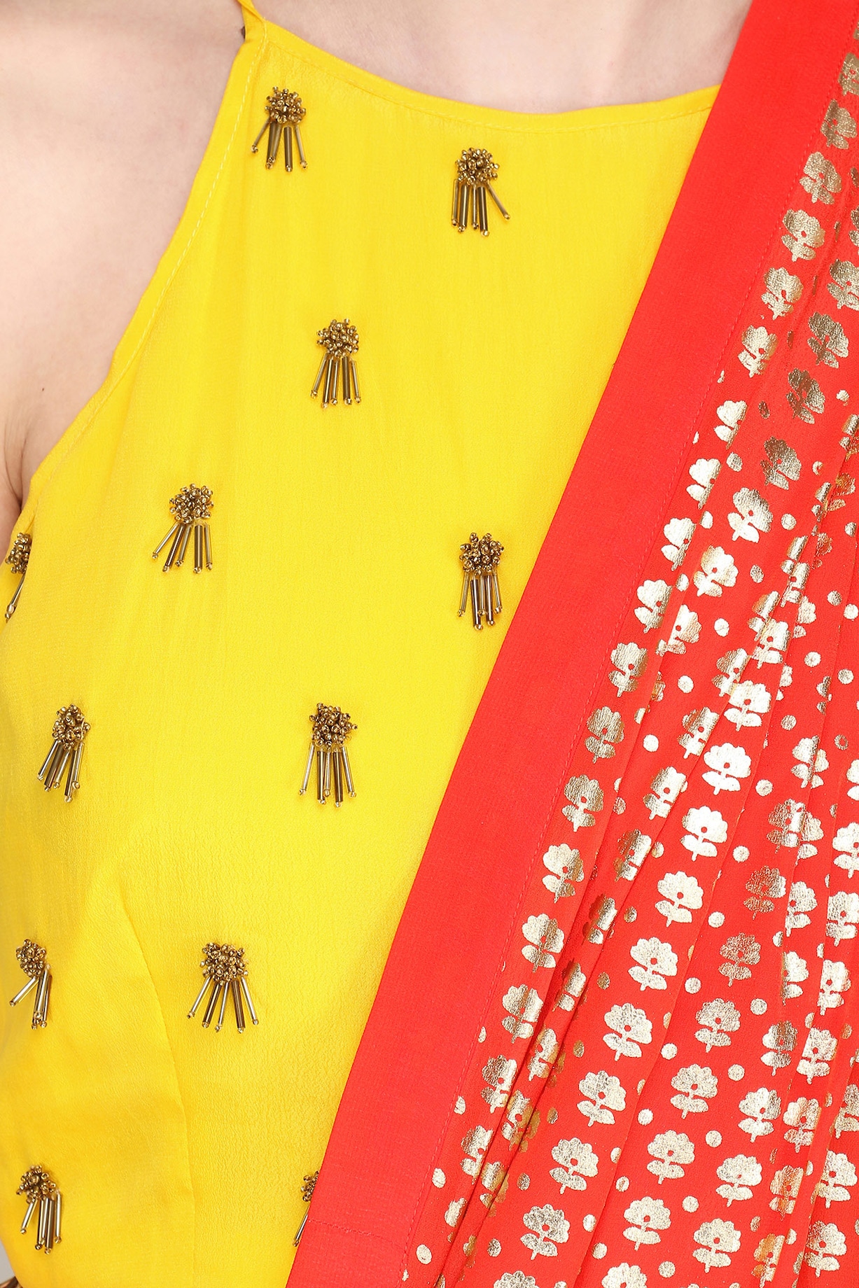 Yellow embroidered crop top with cowl dhoti pants available only