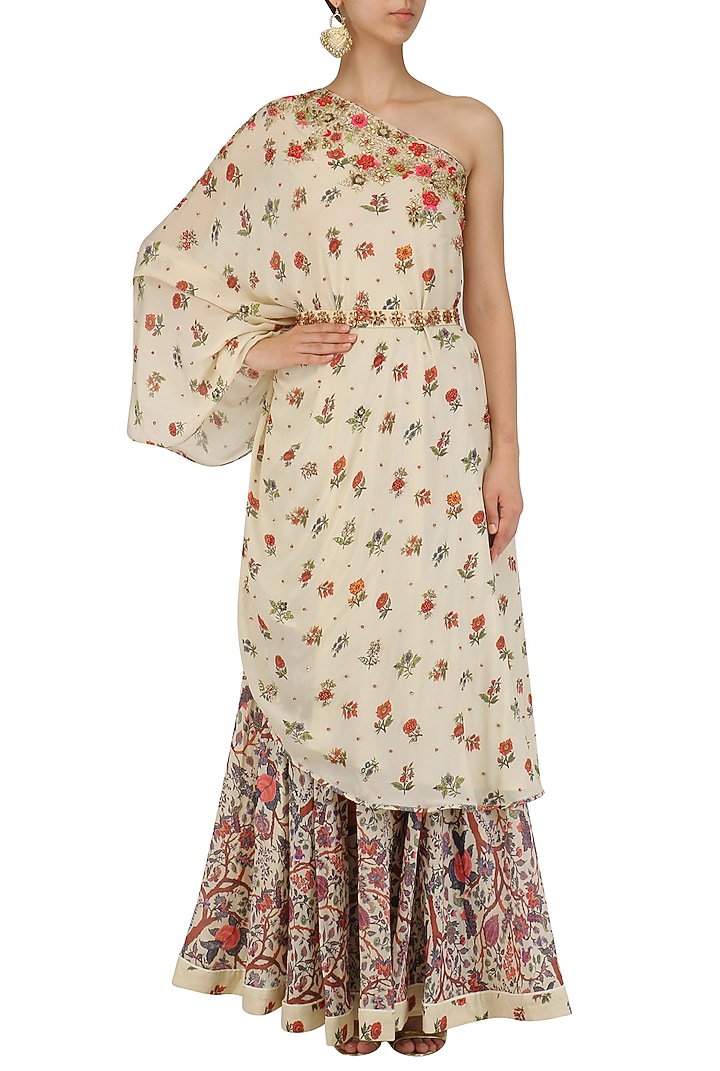 Off white floral work one shoulder tunic and skirt set