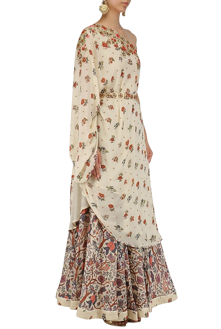 Off white floral work one shoulder tunic and skirt set
