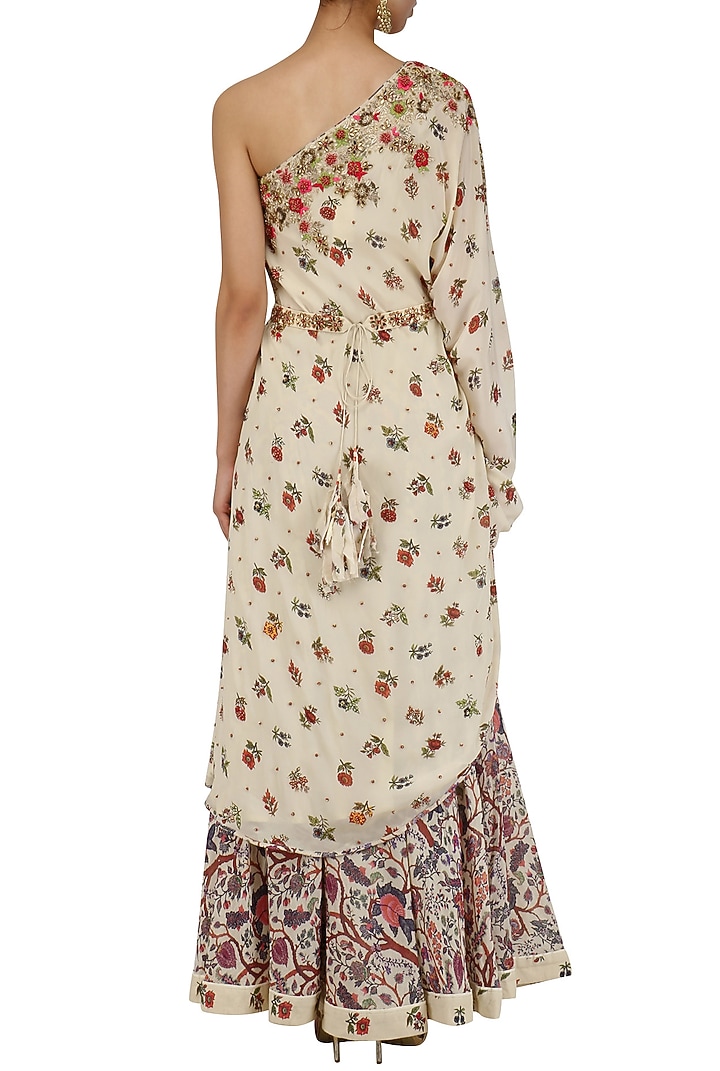 Off white floral work one shoulder tunic and skirt set
