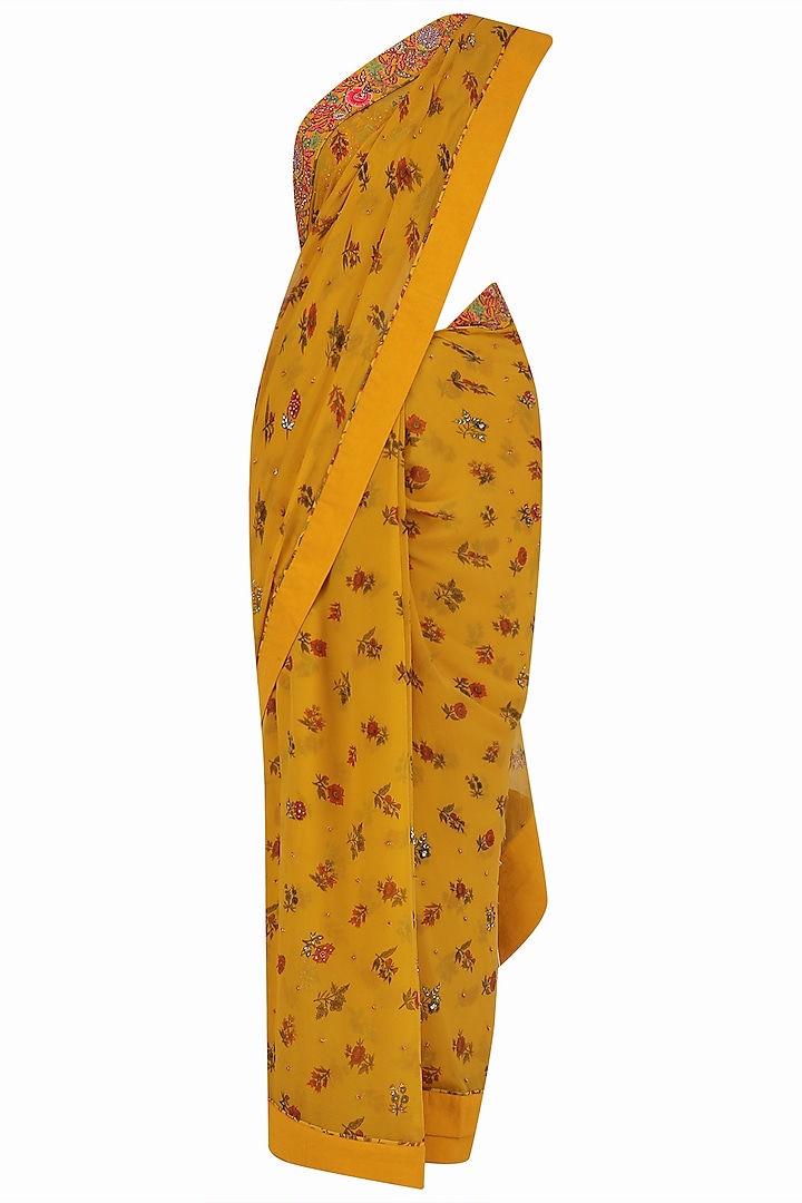 Mustard Yellow Lotus Pond Print Blouse and Saree Set by Nikasha