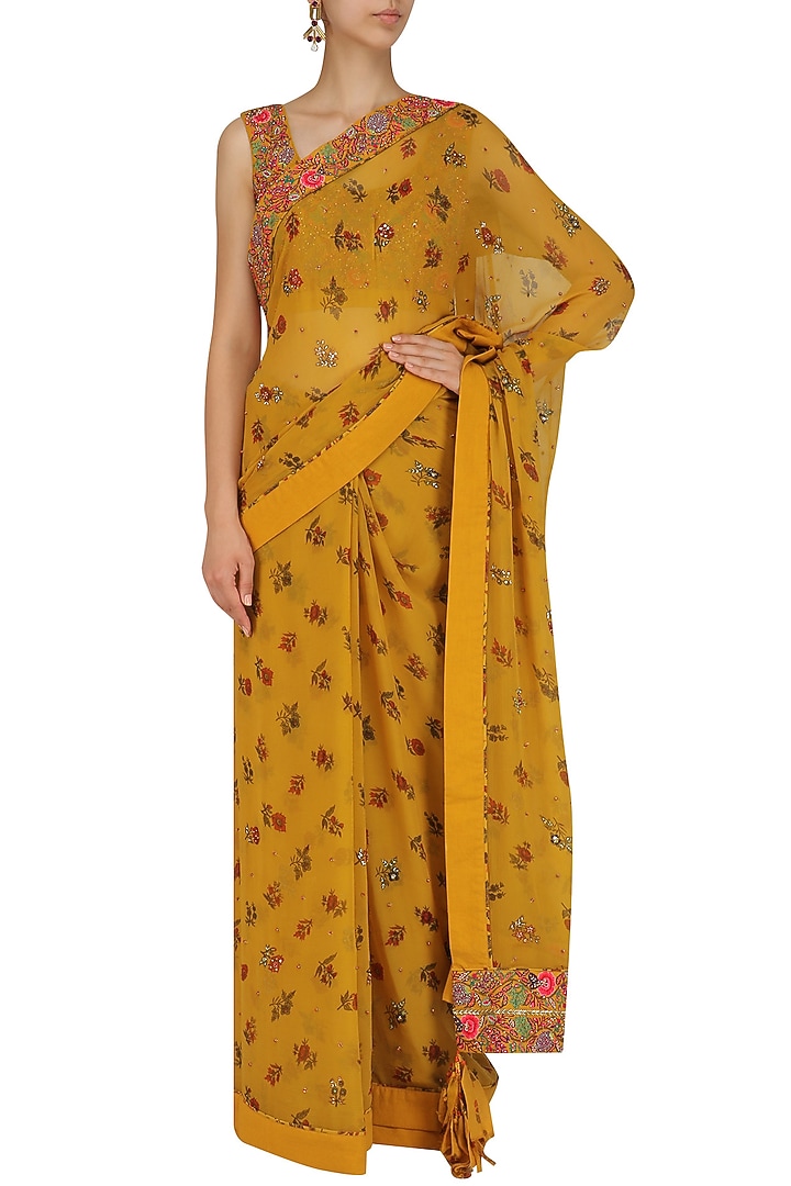 Mustard yellow lotus pond print blouse and saree set