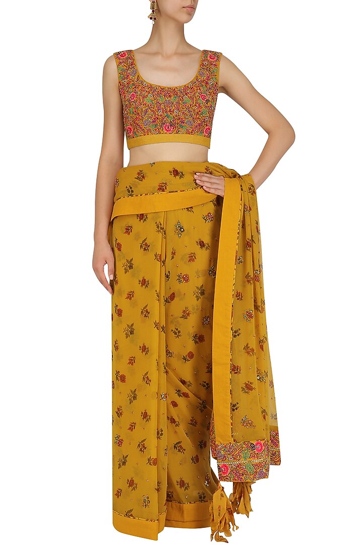 Mustard yellow lotus pond print blouse and saree set
