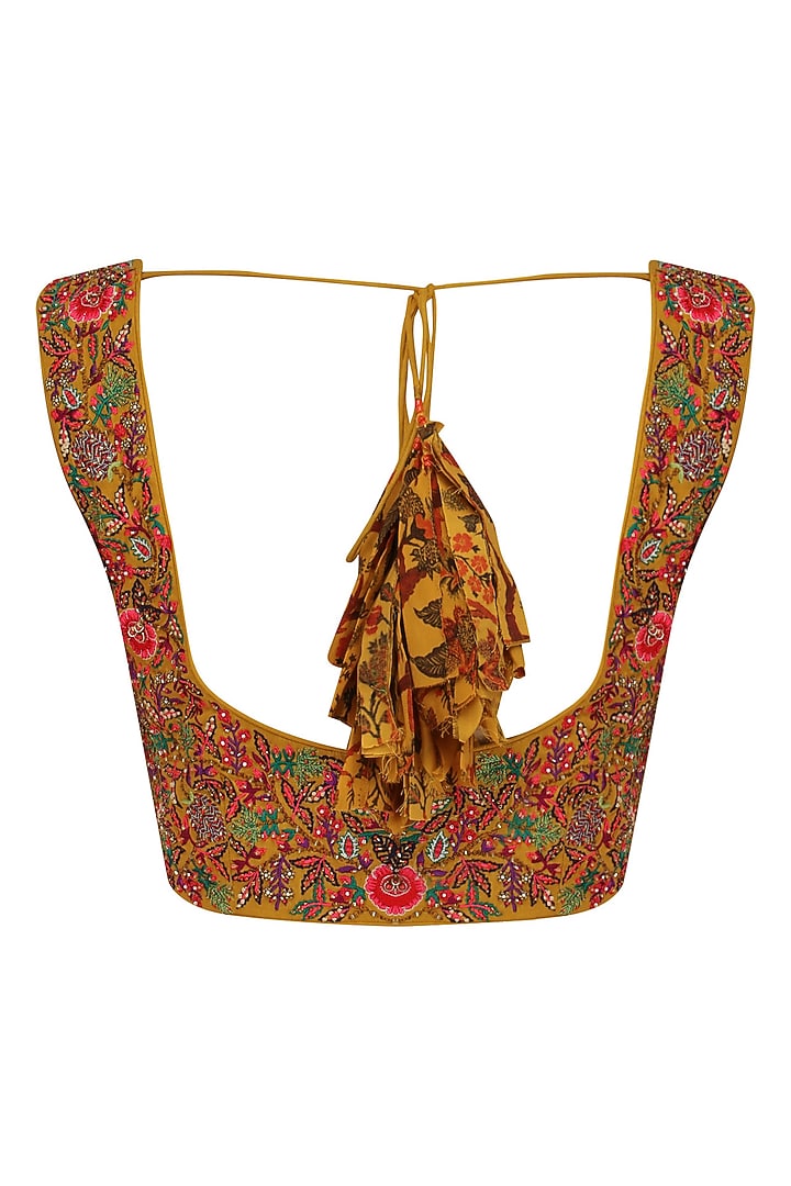 Mustard yellow lotus pond print blouse and saree set