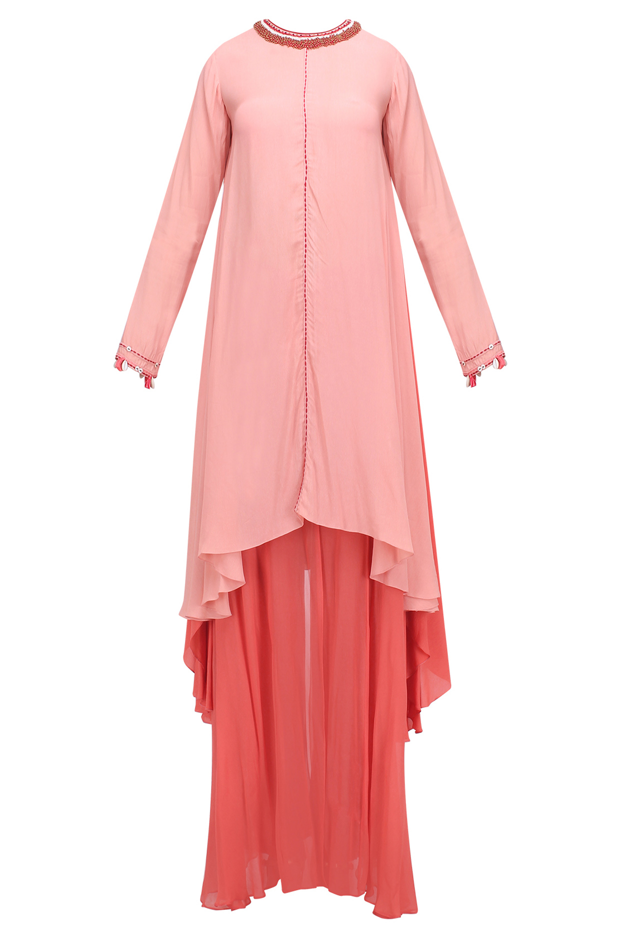 Salmon asymmetric embroidered tunic with sharara pants available only at Pernia's Pop Up Shop.