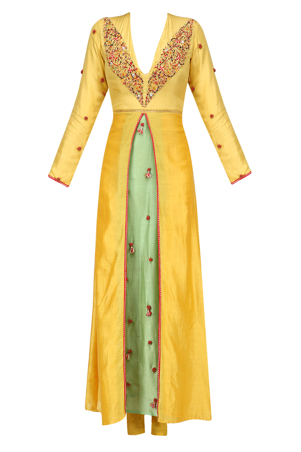Pitambari yellow box pleated embroidered kalidaar kurta set available only at Pernia's Pop Up Shop.