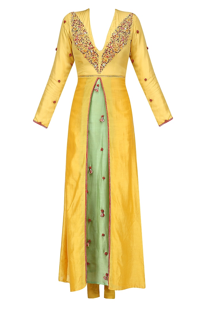 Pitambari yellow box pleated embroidered kalidaar kurta set available only at Pernia's Pop Up Shop.