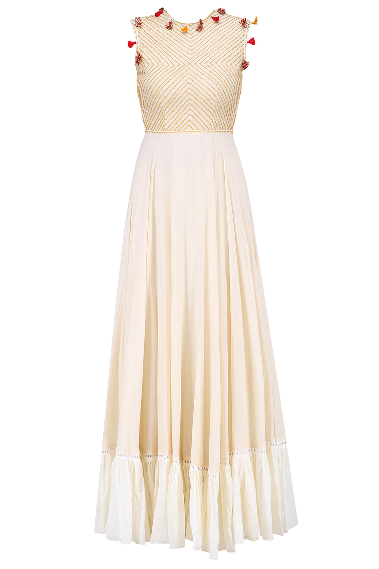 Cream embroidered tiered kurta with pitambari yellow dupatta available only at Pernia's Pop Up Shop.