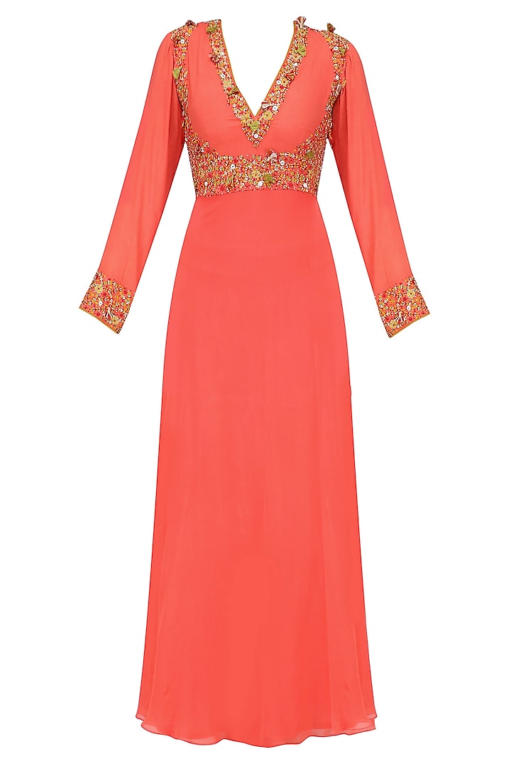 Orange Thread Embroidered Kalidaar Kurta Set by Nikasha