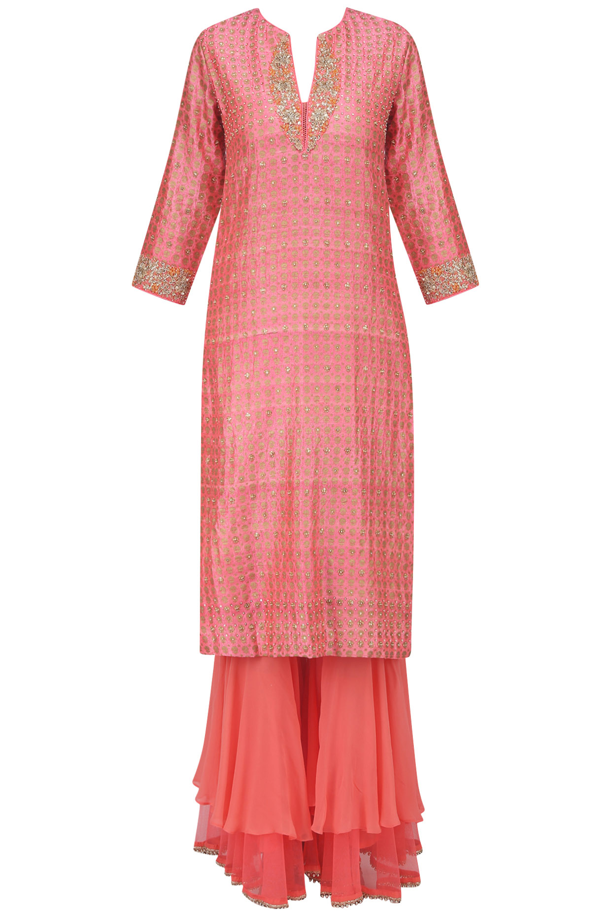 Pink embroidered print kurta with double layer sharara pants available only at Pernia's Pop Up Shop