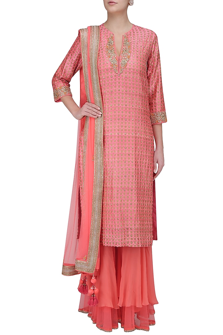 Pink embroidered print kurta with double layer sharara pants available only at Pernia's Pop Up Shop