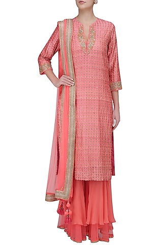 Pink Embroidered Print Kurta with Double Layer Sharara Pants by Nikasha