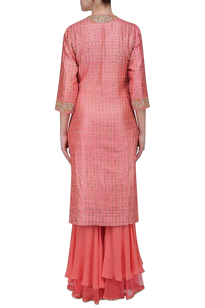 Pink embroidered print kurta with double layer sharara pants available only at Pernia's Pop Up Shop