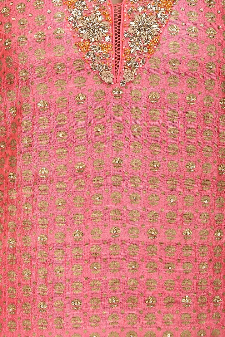 Pink embroidered print kurta with double layer sharara pants available only at Pernia's Pop Up Shop