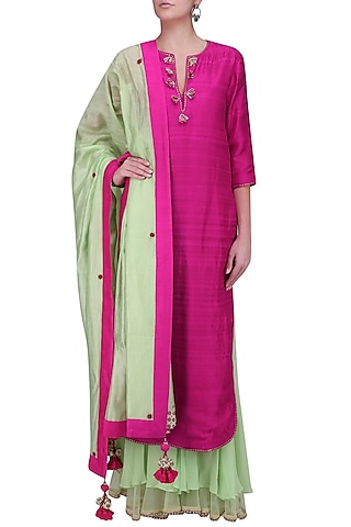 Rani Pink Embellished Neckline with Mint Double Layer Sharara Pants by Nikasha