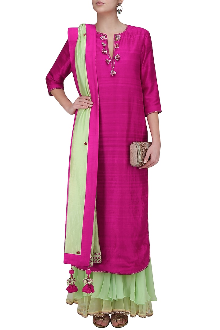 Rani pink embellished neckline with mint double layer sharara pants available only at Pernia's Pop Up Shop