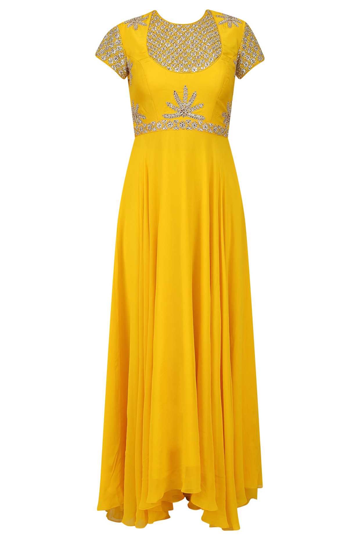 Yellow embroidered asymmetric kalidaar set available only at Pernia's Pop Up Shop