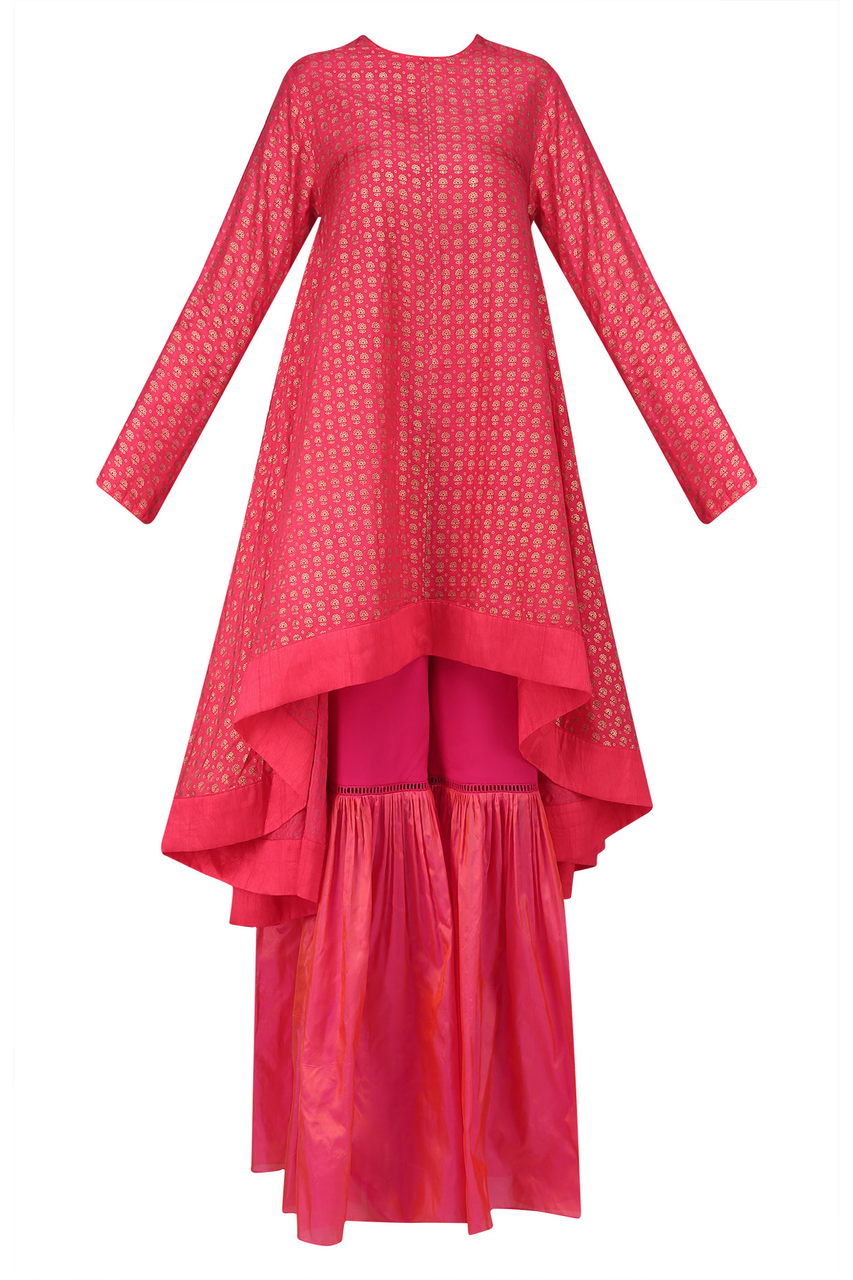Coral printed asymmetric kurta with sharara pants available only at Pernia's Pop Up Shop