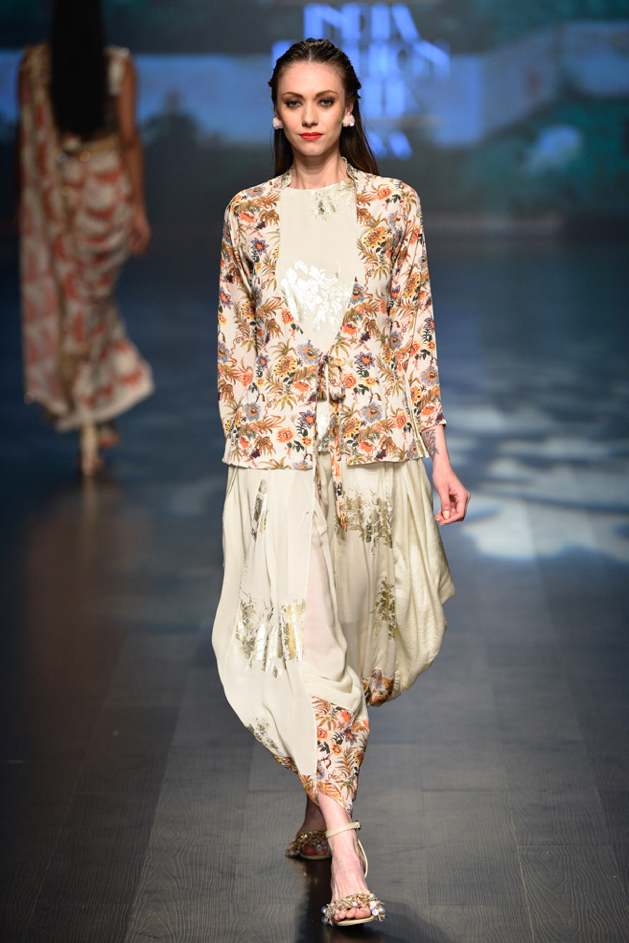 Off white lal jaal front open jacket with pleated cowl dhoti available only at Pernia's Pop Up Shop.
