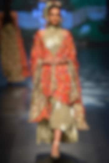 Grey bibi badal printed asymmertical dress with laal jaal cape available only at Pernia's Pop Up Shop.