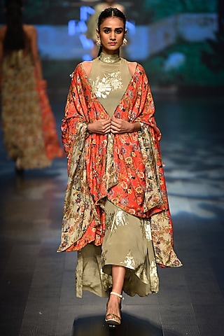 Grey bibi badal printed asymmertical dress with laal jaal cape by Nikasha