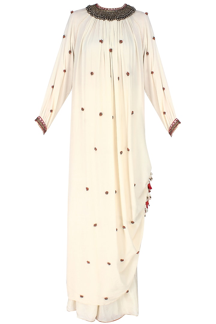 Ivory kurlong rouching bead embroidery kurta with gathered sharara pants available only at Pernia's Pop Up Shop.