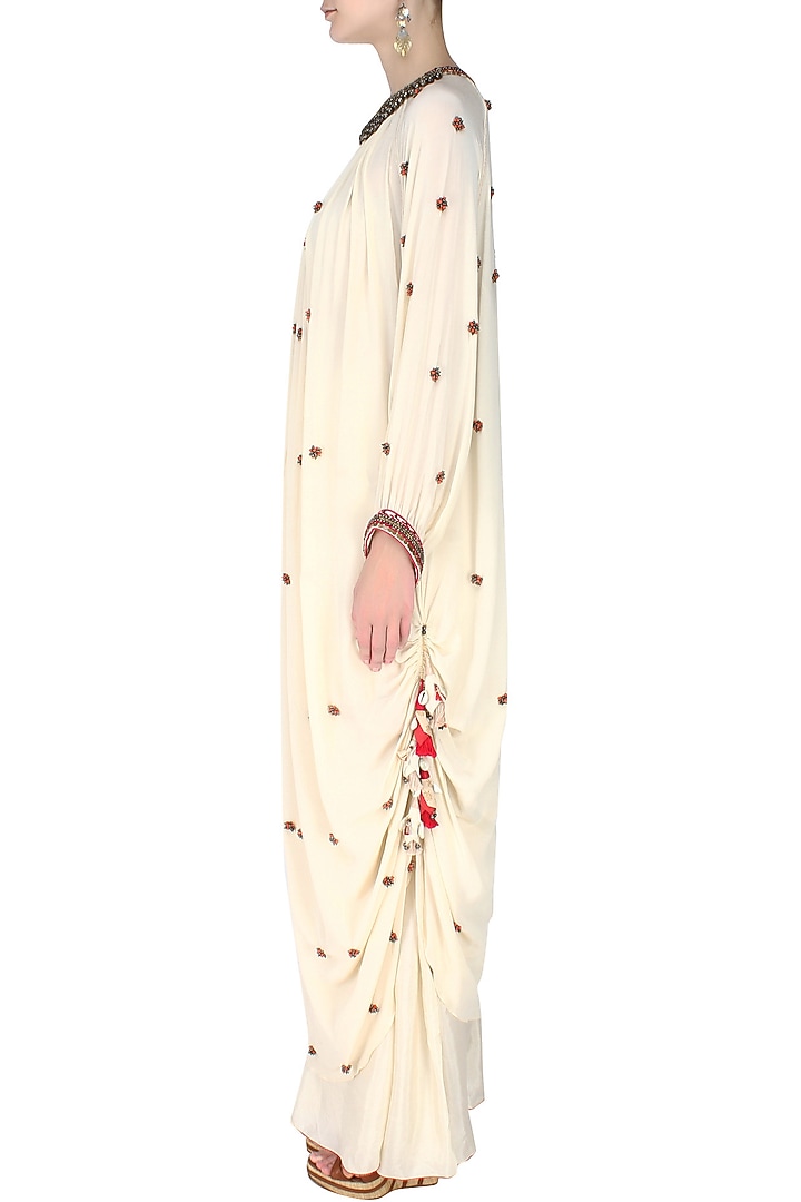 Ivory kurlong rouching bead embroidery kurta with gathered sharara pants available only at Pernia's Pop Up Shop.