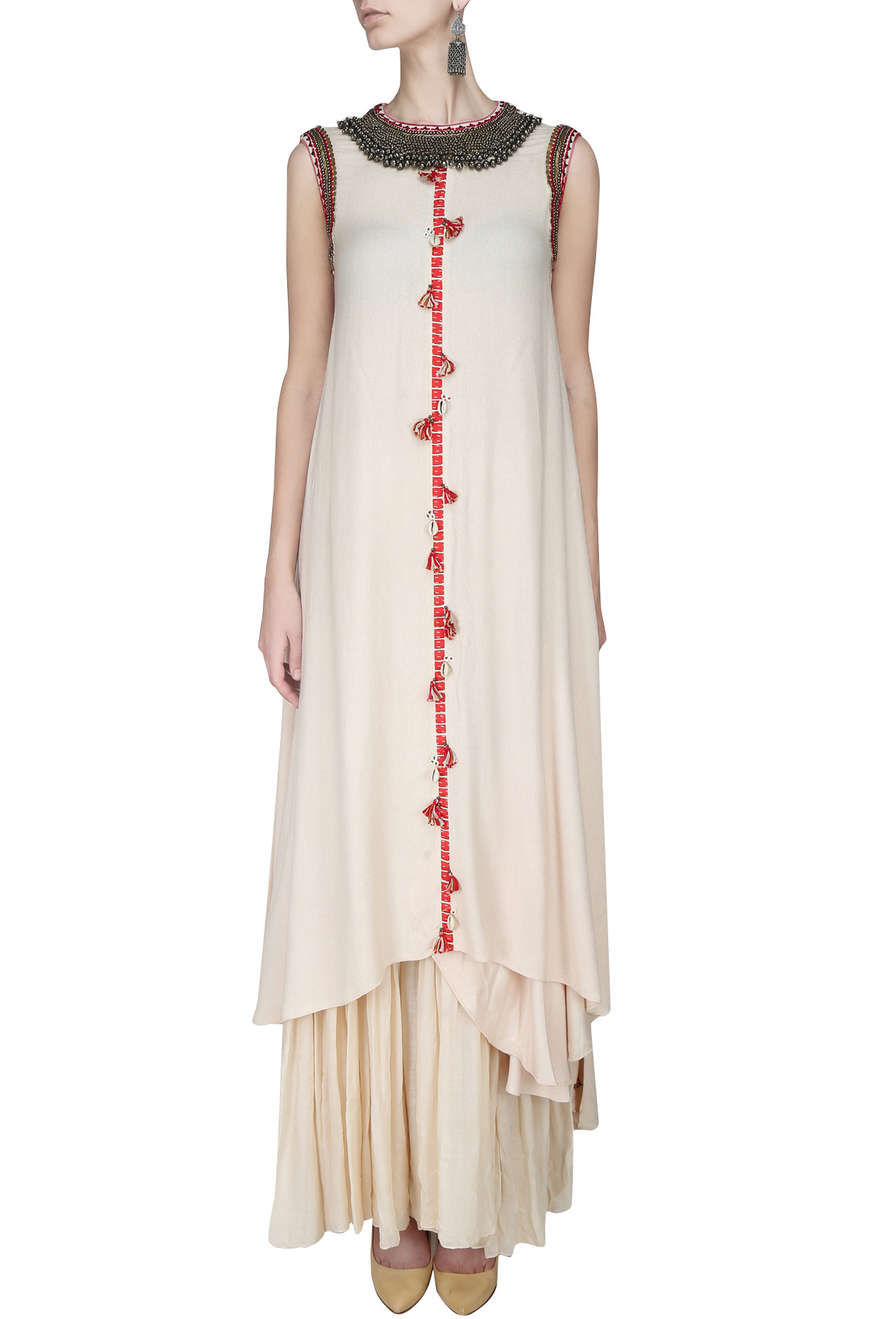 Ivory asymmetric embroidered tassel hanging kurta with matching gathered skirt available only at Pernia's Pop Up Shop.