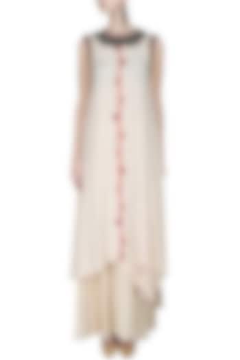 Ivory Asymmetric Embroidered Tassel Hanging Kurta with Matching Gathered Skirt by Nikasha