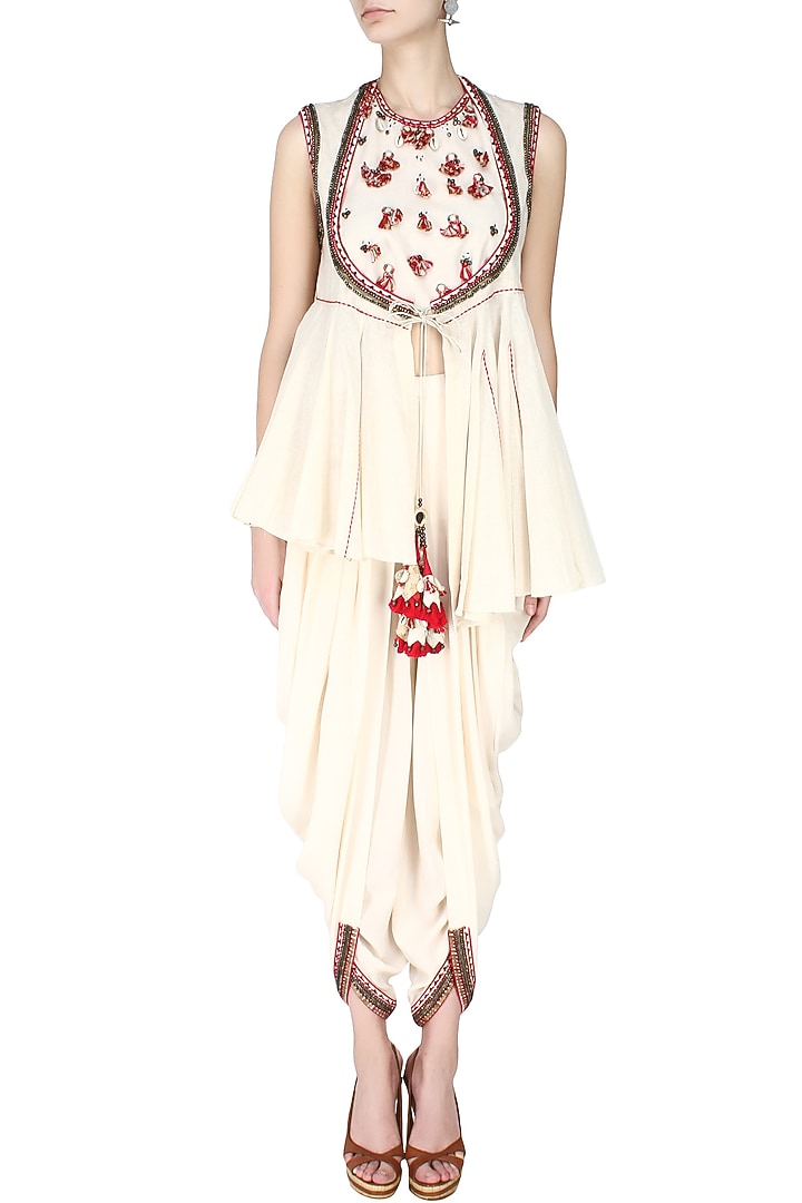 Ivory horse shoe yoke embroidered jacket with cowl dhoti pants available only at Pernia's Pop Up Shop.