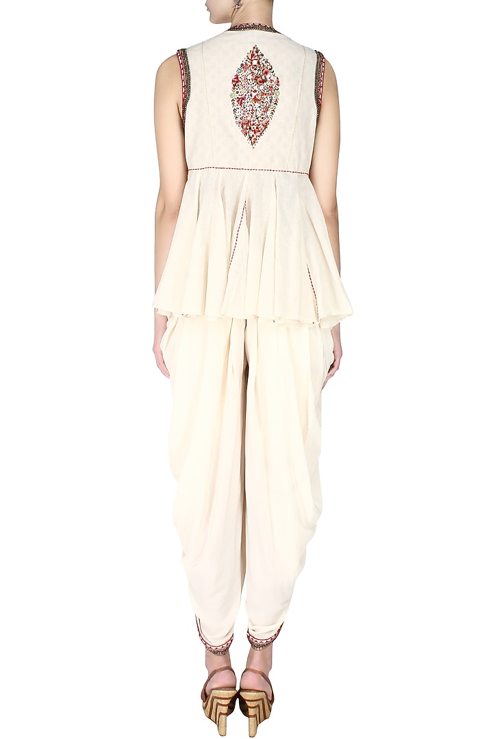 Ivory horse shoe yoke embroidered jacket with cowl dhoti pants available only at Pernia's Pop Up Shop.