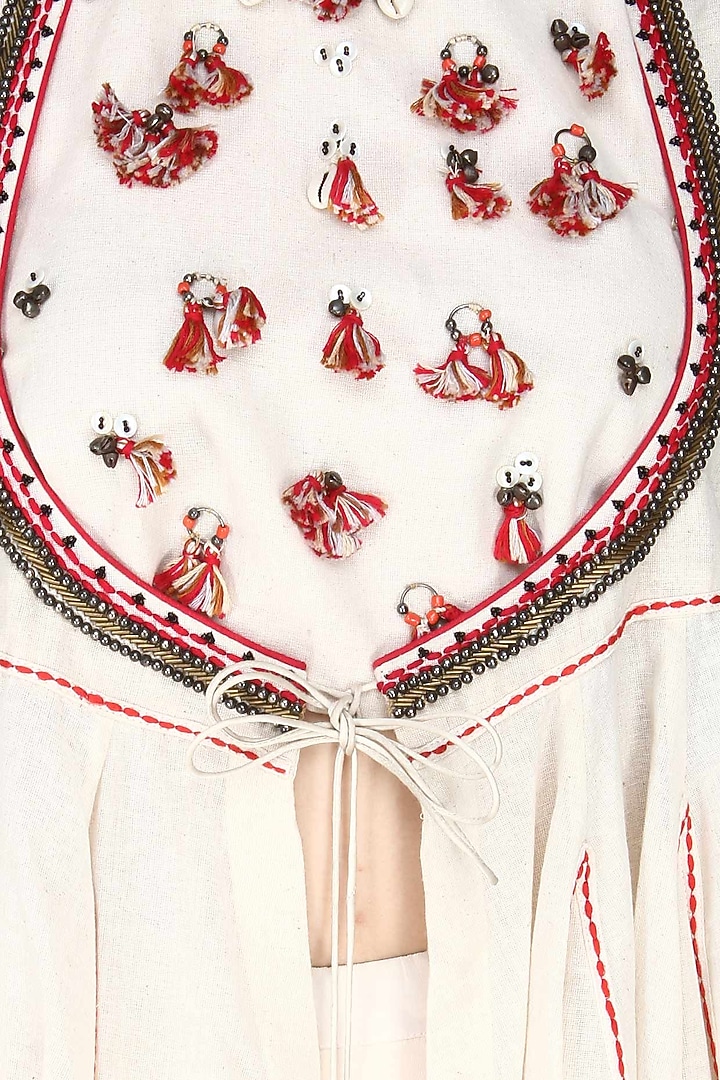 Ivory horse shoe yoke embroidered jacket with cowl dhoti pants available only at Pernia's Pop Up Shop.