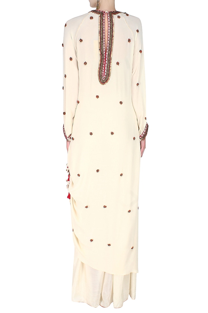 Ivory kurlong rouching bead embroidery kurta with gathered sharara pants available only at Pernia's Pop Up Shop.