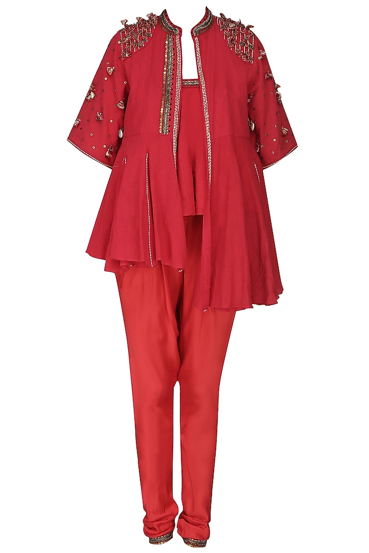 Red embroidered jacket with tube top and jodhpuri pants available only at Pernia's Pop Up Shop.