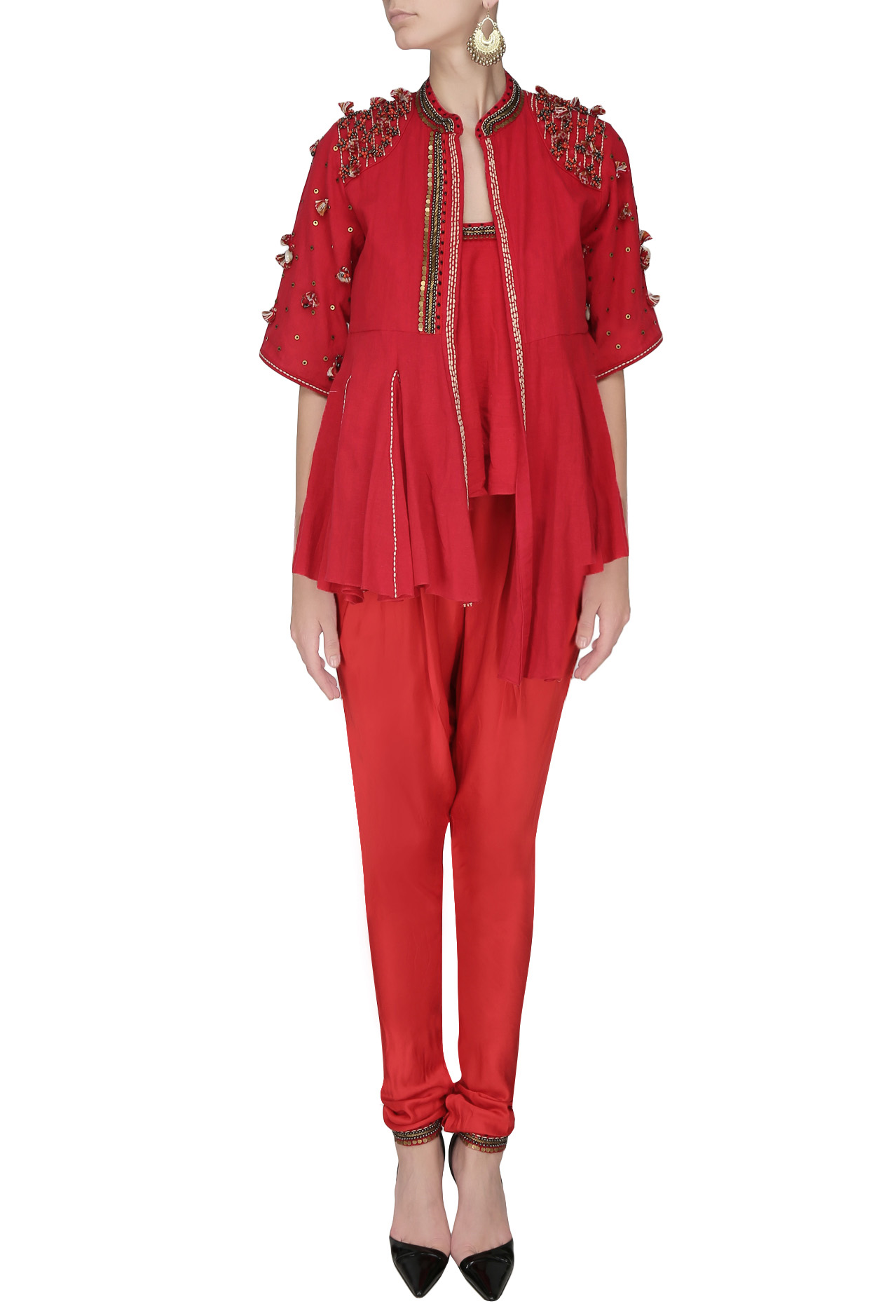Red embroidered jacket with tube top and jodhpuri pants available only at Pernia's Pop Up Shop.