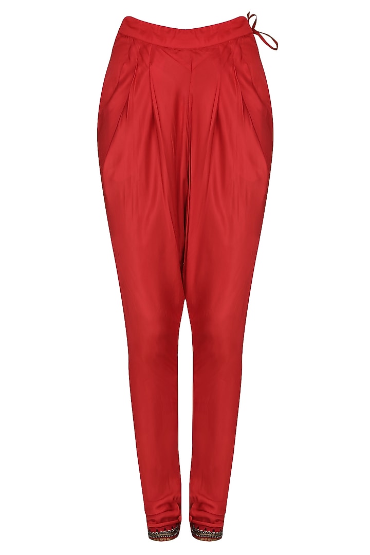 Red embroidered jacket with tube top and jodhpuri pants available only at Pernia's Pop Up Shop.