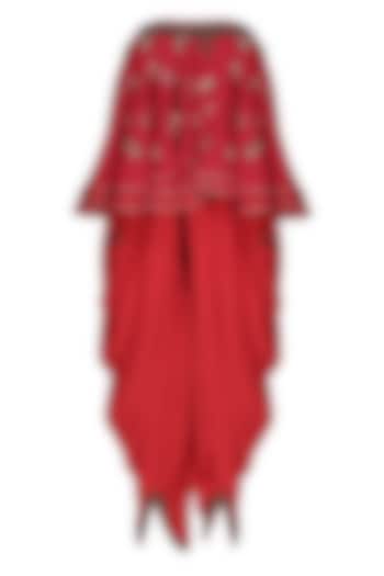 Kasum Red Embroidered Tube Kali Top with Cowl Dhoti Pants by Nikasha