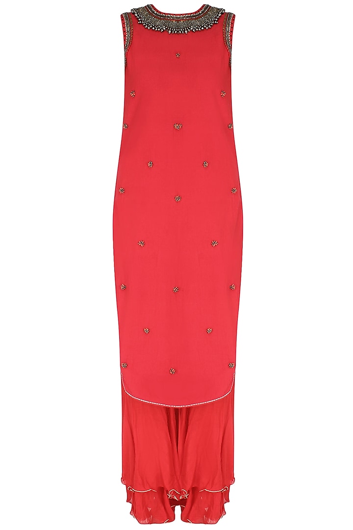Red Embroidered Apple Cut Kurta with Double Layer Sharara by Nikasha