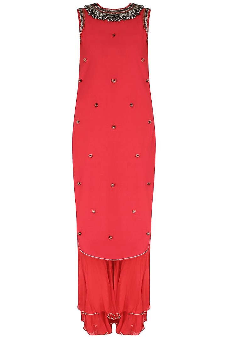 Red embroidered apple cut kurta with double layer sharara available only at Pernia's Pop Up Shop.