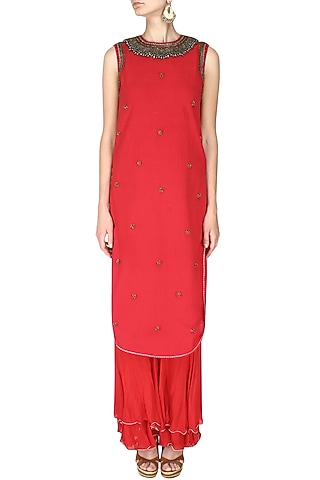 Red Satin Motif Embroidered Sharara Set by Nikasha