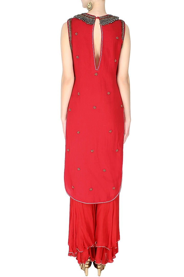 Red embroidered apple cut kurta with double layer sharara available only at Pernia's Pop Up Shop.