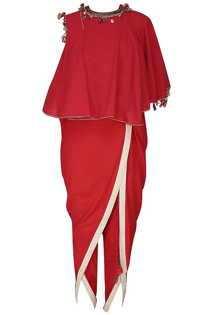 Red embroidered asymmetrical layered top with overlap dhoti pants available only at Pernia's Pop Up Shop.